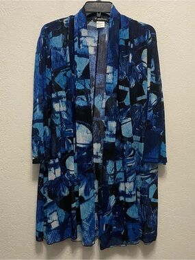 Creation Women's Mesh Arty Blue Abstract Open Front Long Line Cardigan Sz 3X